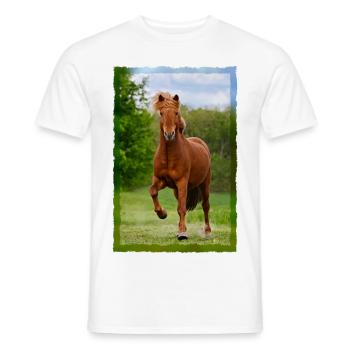 Icelandic horse running in tölt over meadow horse photo - Men's T-Shirt - white - Front - AI Model Male 178 dark (178cm)