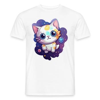 Cute cartoonish kitty floating in space - Men's T-Shirt - white - Front - AI Model Male 178 dark (178cm)