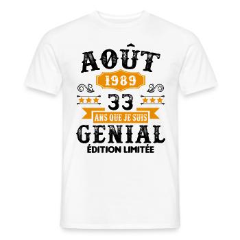 33 Ans Anniversaire Vintage Né(e) en Août 1989 - T-shirt homme - blanc - Devant - AI Model Male 178 dark (178cm)