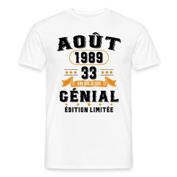 33 Ans Anniversaire Vintage Né(e) en Août 1989 - T-shirt homme - blanc - Devant - AI Model Male 178 dark (178cm)