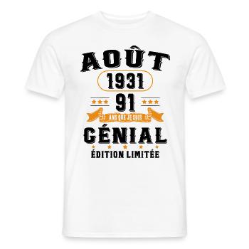 91 Ans Anniversaire Vintage Né(e) en Août 1931 - T-shirt homme - blanc - Devant - AI Model Male 178 dark (178cm)
