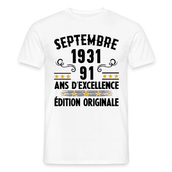 91 Ans Anniversaire Vintage Né(e) Septembre 1931 - T-shirt homme - blanc - Devant - AI Model Male 178 dark (178cm)