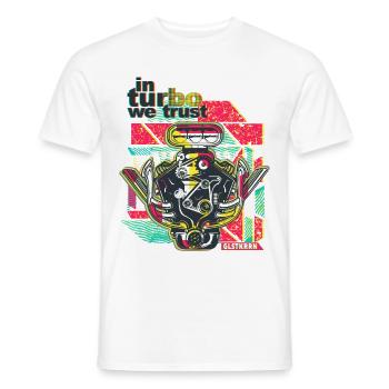 in turbo we trust, engine block, V6, mechanic - Men's T-Shirt - white - Front - AI Model Male 178 dark (178cm)