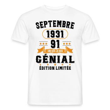 91 Ans Anniversaire Vintage Né(e) Septembre 1931 - T-shirt homme - blanc - Devant - AI Model Male 178 dark (178cm)