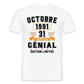 31 Ans Anniversaire Vintage Né(e) en Octobre 1991 - T-shirt homme - blanc - Devant - AI Model Male 178 dark (178cm)