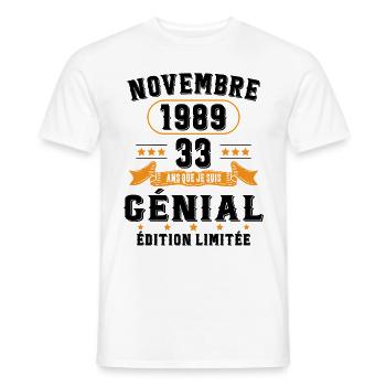33 Ans Anniversaire Vintage Né(e) en Novembre 1989 - T-shirt homme - blanc - Devant - AI Model Male 178 dark (178cm)