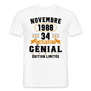 34 Ans Anniversaire Vintage Né(e) en Novembre 1988 - T-shirt homme - blanc - Devant - AI Model Male 178 dark (178cm)