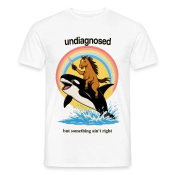 Pony on Orca – Absurd Chaos - Men's T-Shirt - white - Front - AI Model Male 178 dark (178cm)