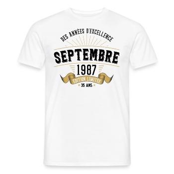 35 Ans Anniversaire Vintage Né(e) Septembre 1987 - T-shirt homme - blanc - Devant - AI Model Male 178 dark (178cm)