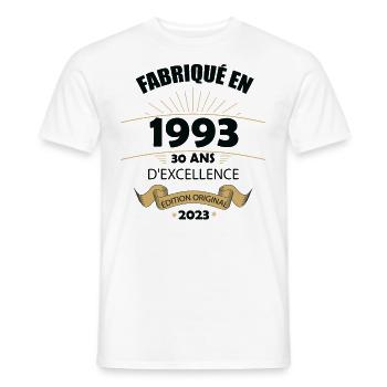 Fabriqué En 1993 Né En 1993 30 Ans Anniversaire - T-shirt homme - blanc - Devant - AI Model Male 178 dark (178cm)