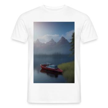 Landscape with lake, boat and mountains - Men's T-Shirt - white - Front - AI Model Male 178 dark (178cm)