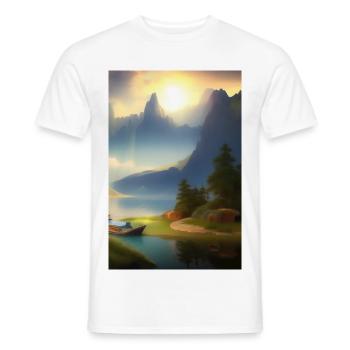 Landscape with lake, boat and mountains - Men's T-Shirt - white - Front - AI Model Male 178 dark (178cm)