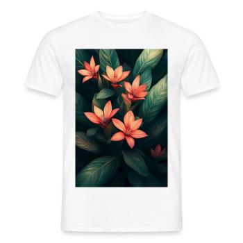 Orangene Tropenblüten im Dunkelgrünen Blattwerk - Männer T-Shirt - Weiß - Vorne - AI Model Male 178 dark (178cm)