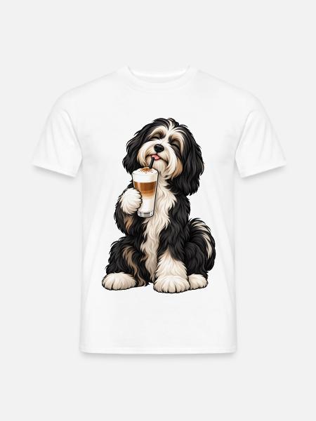 Tibet Terrier mit Latte Macchiato – Kaffeepause - Männer T-Shirt - Weiß