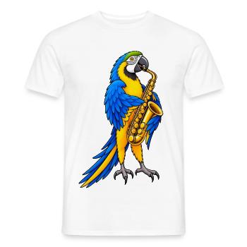 Ara spielt Saxophon – Buntes Musikmotiv - Männer T-Shirt - Weiß - Vorne - AI Model Male 178 dark (178cm)