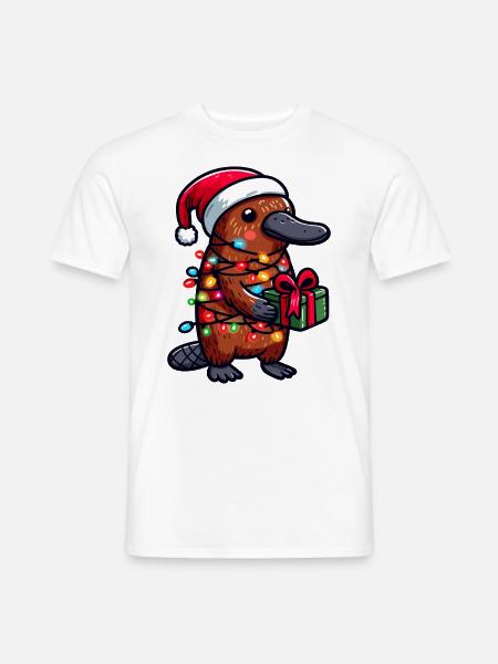 Schnabeltier trägt Weihnachtsmütze und hält eine Geschenkbox in der Hand - Männer T-Shirt - Weiß
