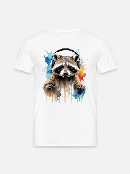 Waschbär Kopfhörer Musik Bunt Tier Design Print - Männer T-Shirt - Weiß