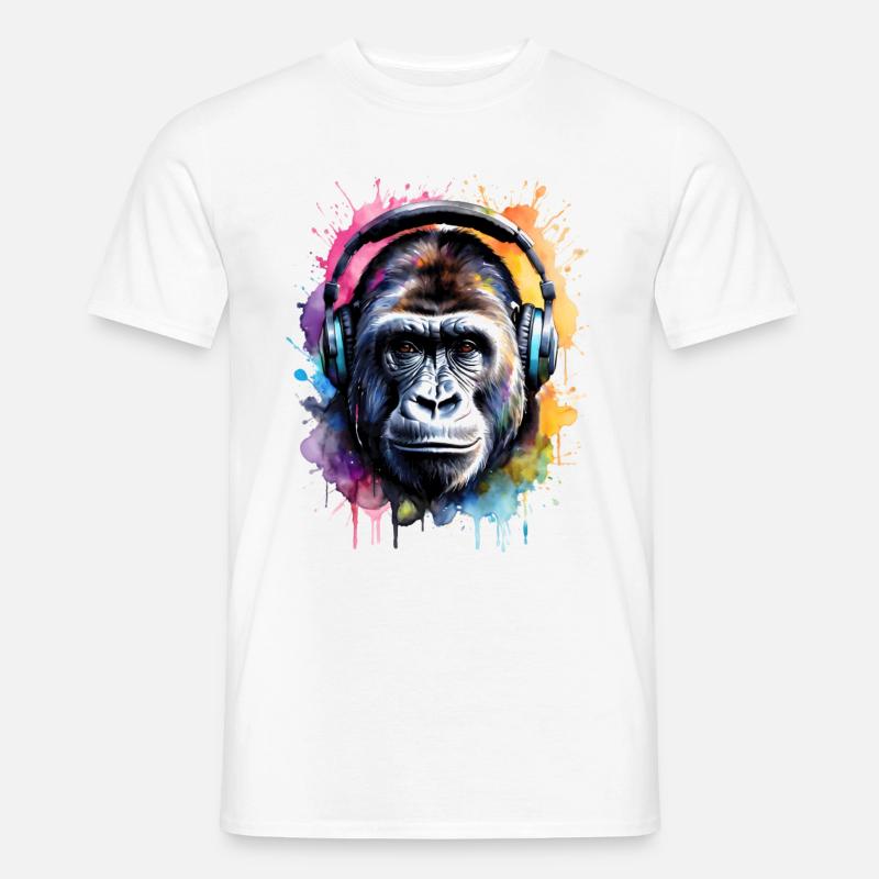 Gorilla Kopfhörer Affe Bunt Tier Design Print - Männer T-Shirt - Weiß