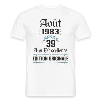 39 ans anniversaire aout 1983 - T-shirt homme - blanc - Devant - AI Model Male 178 dark (178cm)