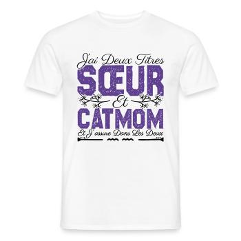 J'ai deux titres Sœur et catmom. Cadeau soeur.chat - T-shirt homme - blanc - Devant - AI Model Male 178 dark (178cm)
