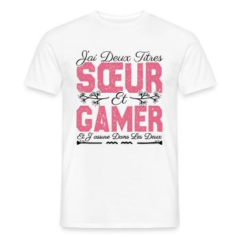 J'ai deux titres Sœur et Gamer. Cadeau soeur . - T-shirt homme - blanc - Devant - AI Model Male 178 dark (178cm)