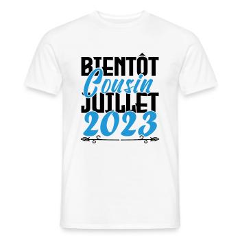Annonce grossesse bientôt Cousin Juillet 2023. - T-shirt homme - blanc - Devant - AI Model Male 178 dark (178cm)