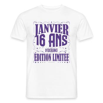 Janvier 16 ans. Cadeau 16 ans janvier anniversaire - T-shirt homme - blanc - Devant - AI Model Male 178 dark (178cm)