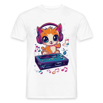 Cute cat listening to music kawaii - Men's T-Shirt - white - Front - AI Model Male 178 dark (178cm)