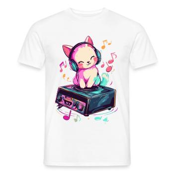 Cute cat with headphones listening to music - Men's T-Shirt - white - Front - AI Model Male 178 dark (178cm)