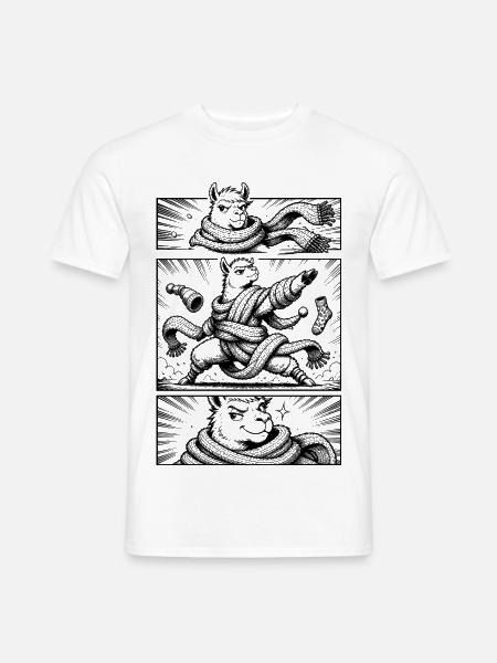 Lama im Schal-Chaos – Schwarz-Weiß-Comic - Männer T-Shirt - Weiß