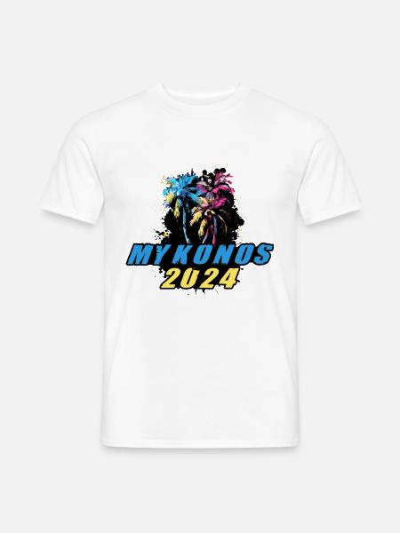 Mykonos 2024 Urlaub Palmen Bunt - Männer T-Shirt - Weiß