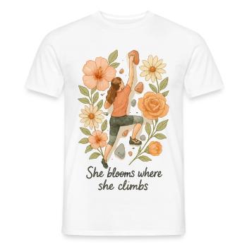 She blooms where she climbs - Bouldering & Flowers - Men's T-Shirt - white - Front - AI Model Male 178 dark (178cm)