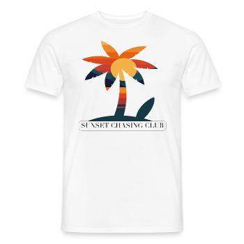 Tropisches T-Shirt: Palme und Sonnenuntergang - Männer T-Shirt - Weiß - Vorne - AI Model Male 178 dark (178cm)