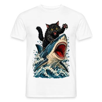 Angry Black Cat Riding a Great White Shark - Männer T-Shirt - Weiß - Vorne - AI Model Male 178 dark (178cm)