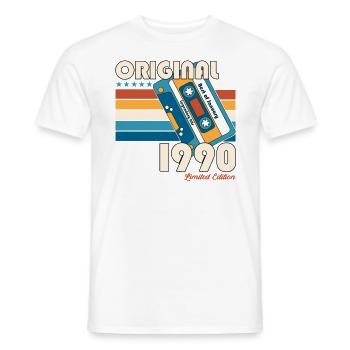 Cassette 34ème Anniversaire Janvier 1990 Millésime 90's - T-shirt homme - blanc - Devant - AI Model Male 178 dark (178cm)