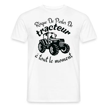 Humour d'agriculteur ,risque de parler de tracteur - T-shirt homme - blanc - Devant - AI Model Male 178 dark (178cm)