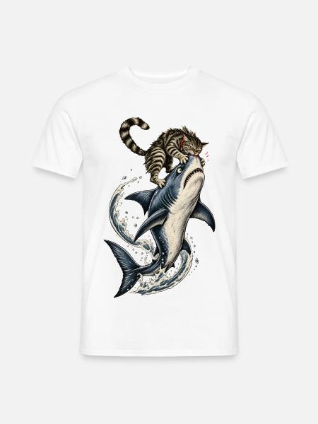 Katze beißt Hai Verrückter Tierhumor - Männer T-Shirt - Weiß
