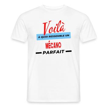 Voilà a quoi ressemble un MÉCANO Humour - T-shirt homme - blanc - Devant - AI Model Male 178 dark (178cm)