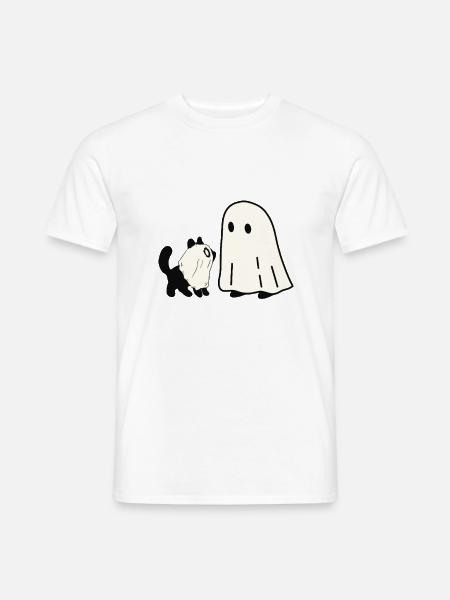 Geist und Katze im Halloween-Stil - Männer T-Shirt - Weiß