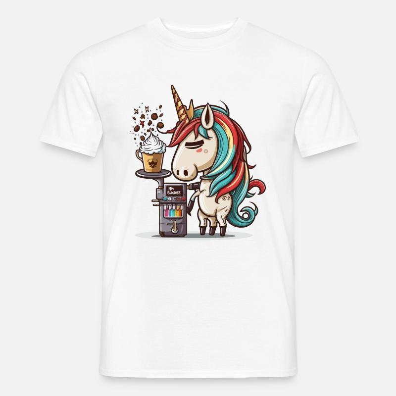 Einhorn bei der Kaffeezubereitung - Männer T-Shirt - Weiß