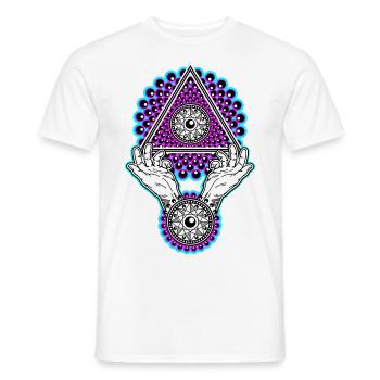 Pyramide Illuminati au néon avec les mains - Lumière noire - T-shirt homme - blanc - Devant - AI Model Male 178 dark (178cm)