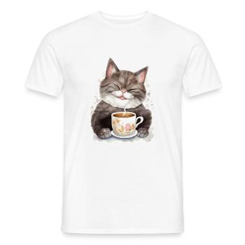Cat with coffee watercolor style - Men's T-Shirt - white - Front - AI Model Male 178 dark (178cm)