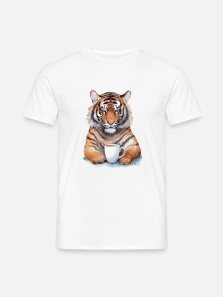 Tiger mit Kaffee -Aquarellstil - Männer T-Shirt - Weiß