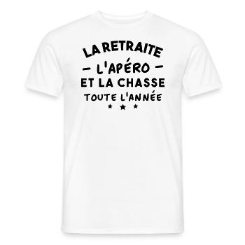 T-shirt Retreat, Aperitif and Hunting Humor - Men's T-Shirt - white - Front - AI Model Male 178 dark (178cm)