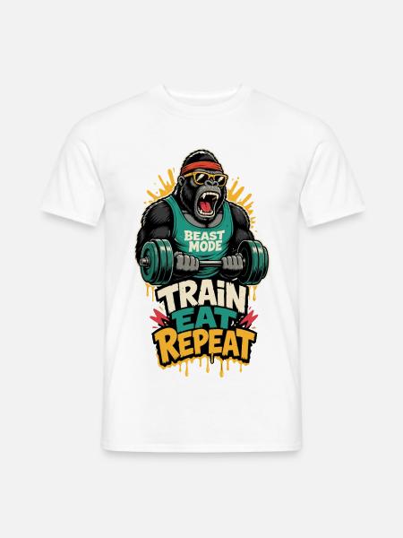 Fitness-Gorilla – Train Eat Repeat - Männer T-Shirt - Weiß