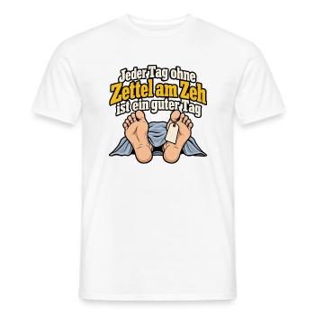 Zettel am Zeh – Schwarzer Humor - Männer T-Shirt - Weiß - Vorne - AI Model Male 178 dark (178cm)