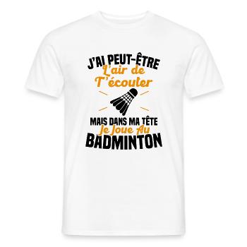 Dans ma tête je joue au Badminton Cadeau Humour - T-shirt homme - blanc - Devant - AI Model Male 178 dark (178cm)