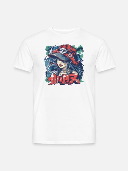 90er Anime-Manga-Mädchen Piratenstil mit Graffiti - Männer T-Shirt - Weiß
