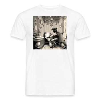 Hund, der im Badezimmer Zeitung liest ,retro look - Männer T-Shirt - Weiß - Vorne - AI Model Male 178 dark (178cm)