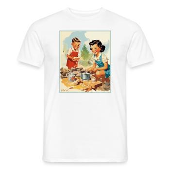 50s kids preparing food while camping - Men's T-Shirt - white - Front - AI Model Male 178 dark (178cm)